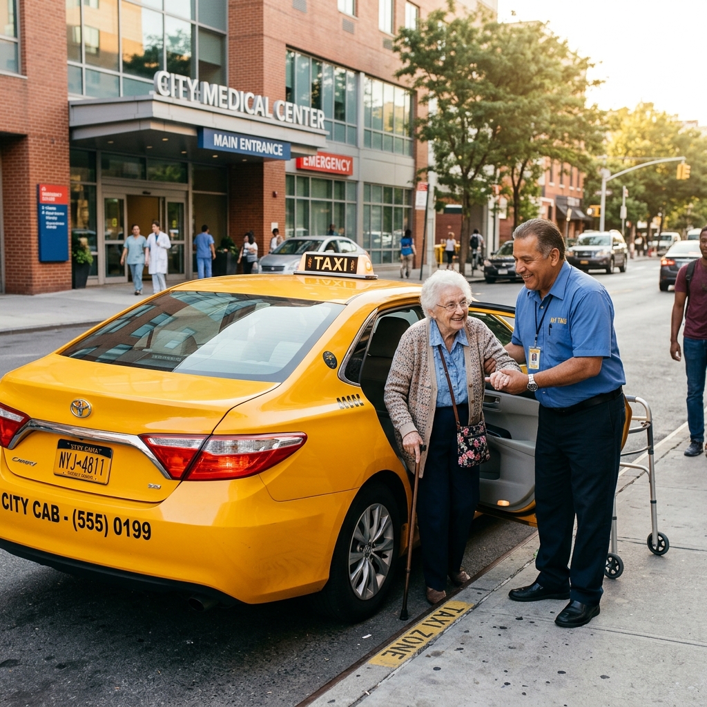 Friendly taxi driver helping elderly passenger into the cab